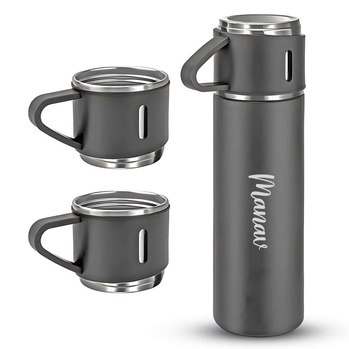 Customized/Personalized Stainless Steel Water Bottle Vacuum Flask Set With 3 Steel Cups Combo | Gifting Custom Name Water Bottle | Gifts for boyfriend/Girlfriend/Employee | 500ML |