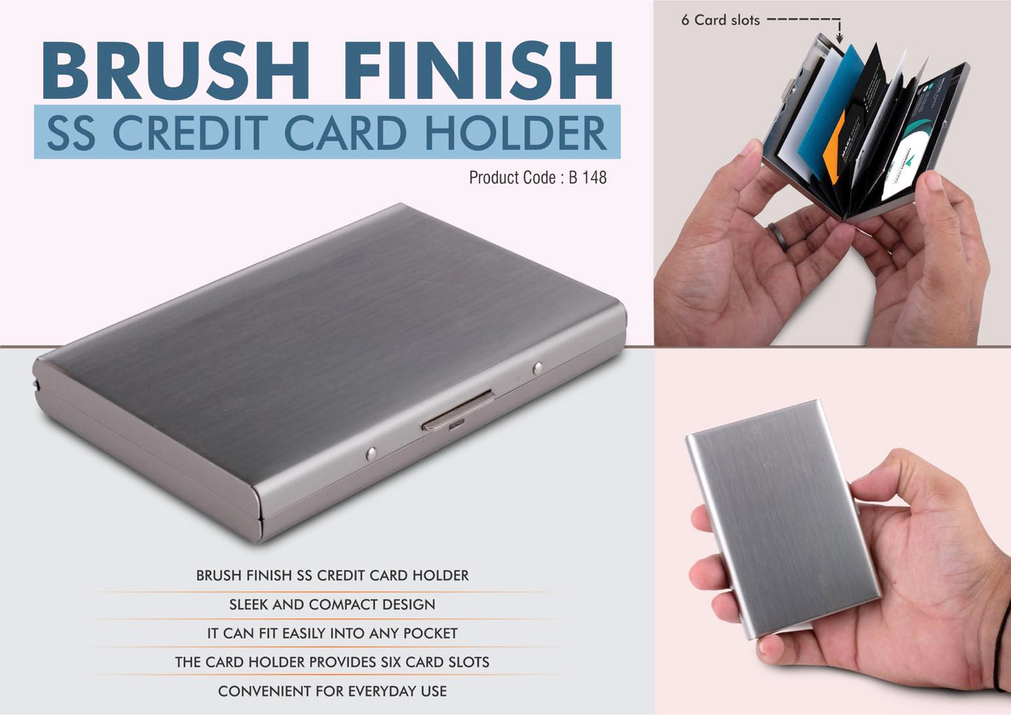 Brush finish SS Credit card holder | 6 Card slots