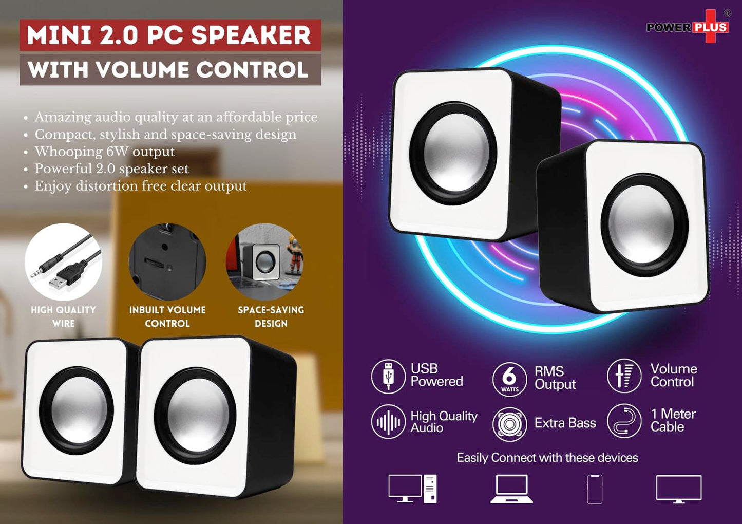 Mini Notebook / PC speakers with volume control | 6W Output | Set of 2