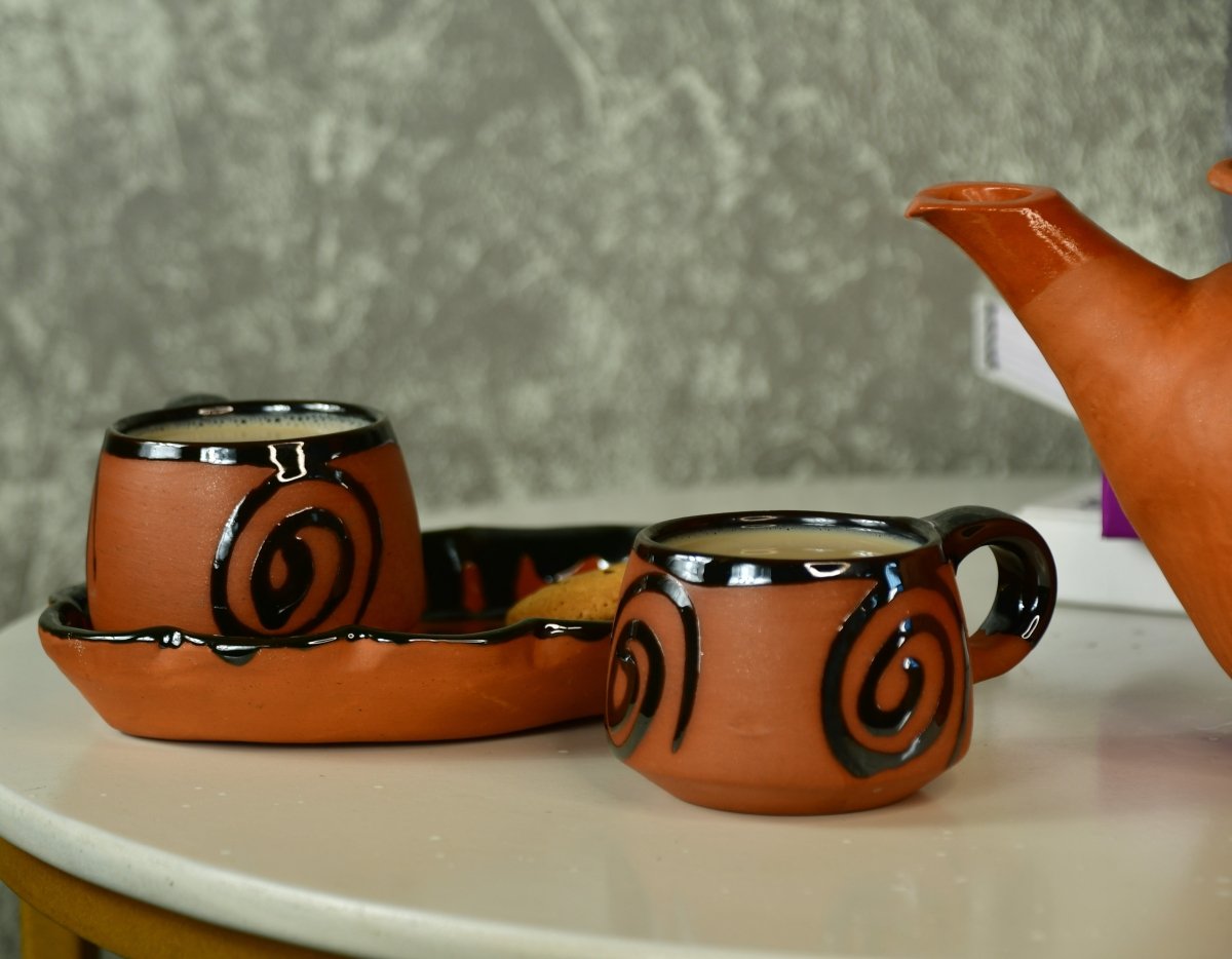 Terracotta Floral Cup Set: Artistic Home Decor and Kitchenware