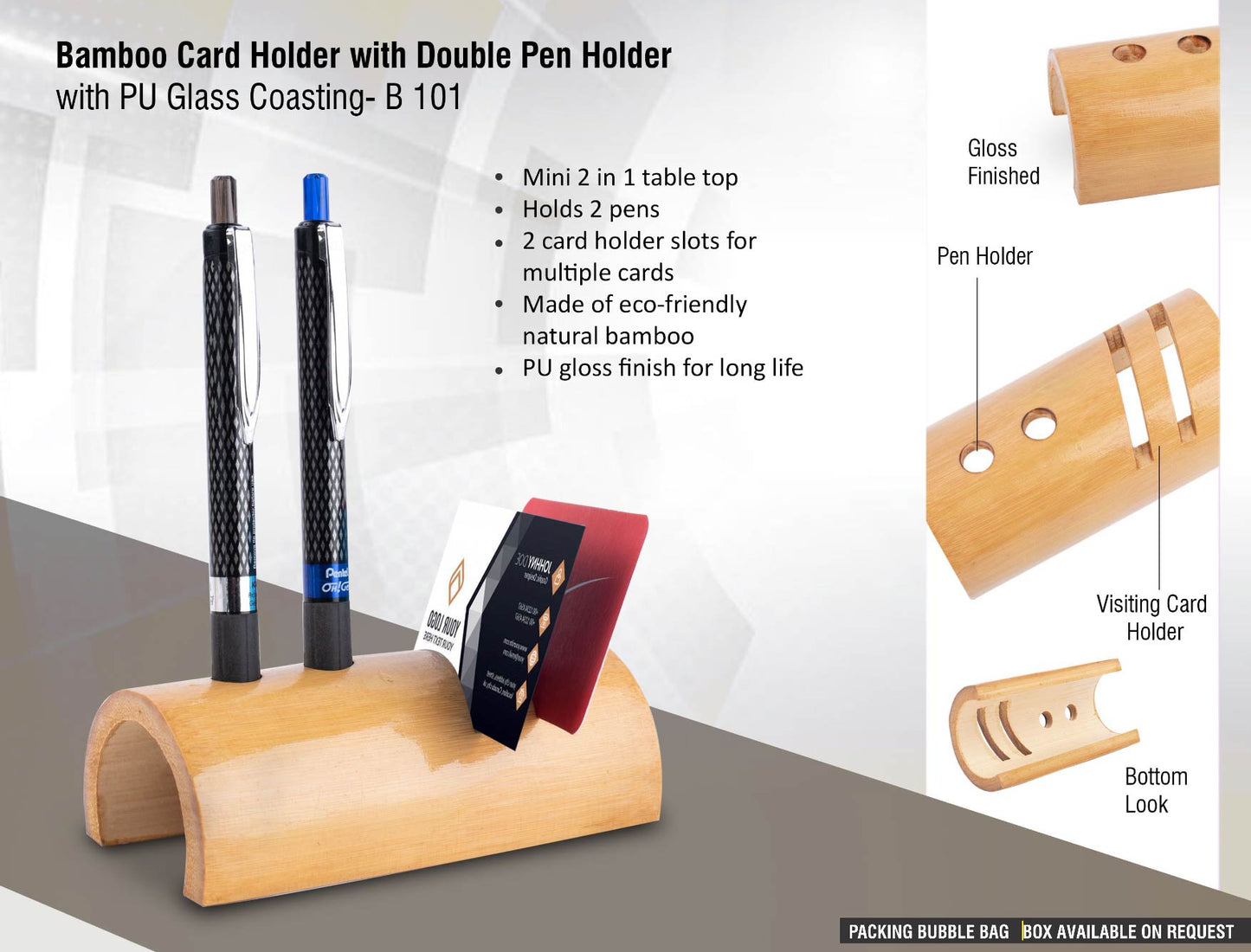 Bamboo card holder with double pen holder (with PU Gloss coating)