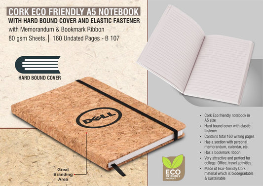 Cork Eco friendly notebook with Hard bound cover and Elastic fastener | With memorandum & Bookmark