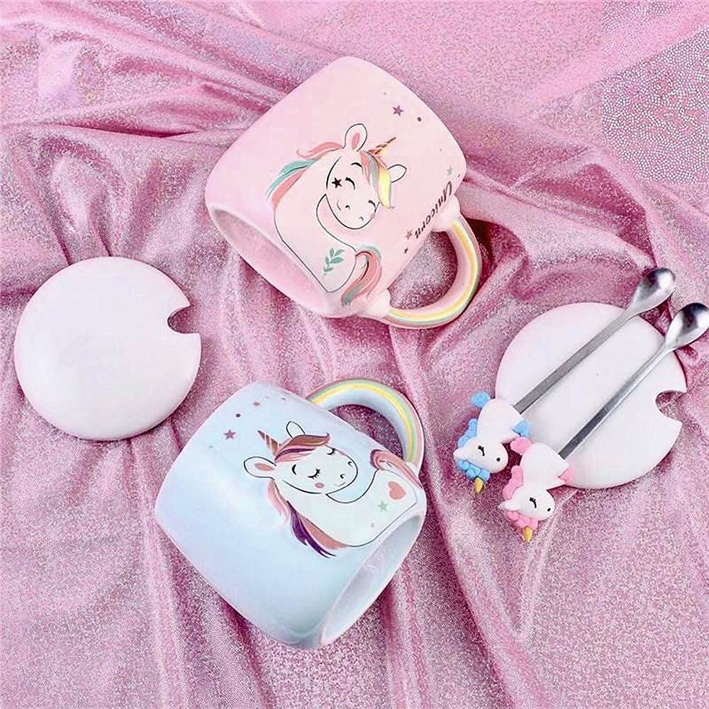 Unicorn Rainbow handle Mug with lid & Unicorn Spoon Coffee Tea Mug (Blue)