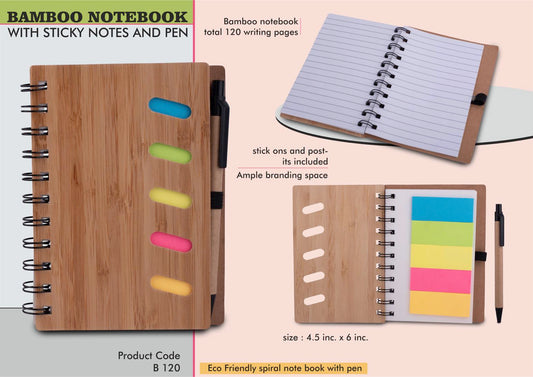 Bamboo notebook with sticky notes and pen