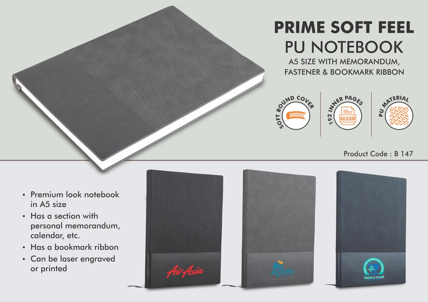 Prime Soft feel PU notebook | A5 size | With memorandum, Fastener & Bookmark ribbon