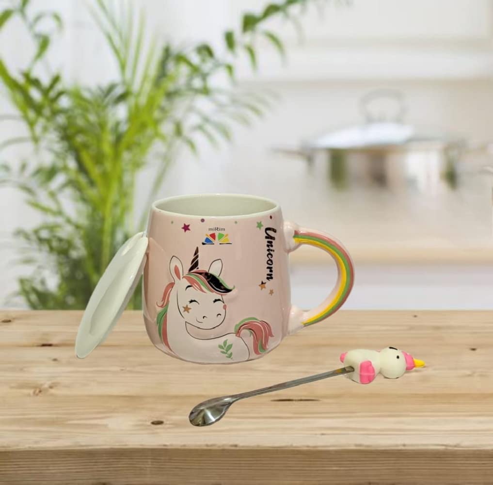 Unicorn Rainbow handle Mug with lid & Unicorn Spoon Coffee Tea Mug (Pink)