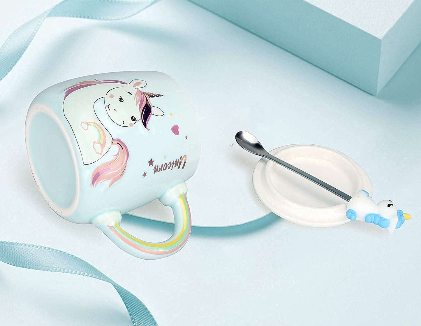 Unicorn Rainbow handle Mug with lid & Unicorn Spoon Coffee Tea Mug (Blue)