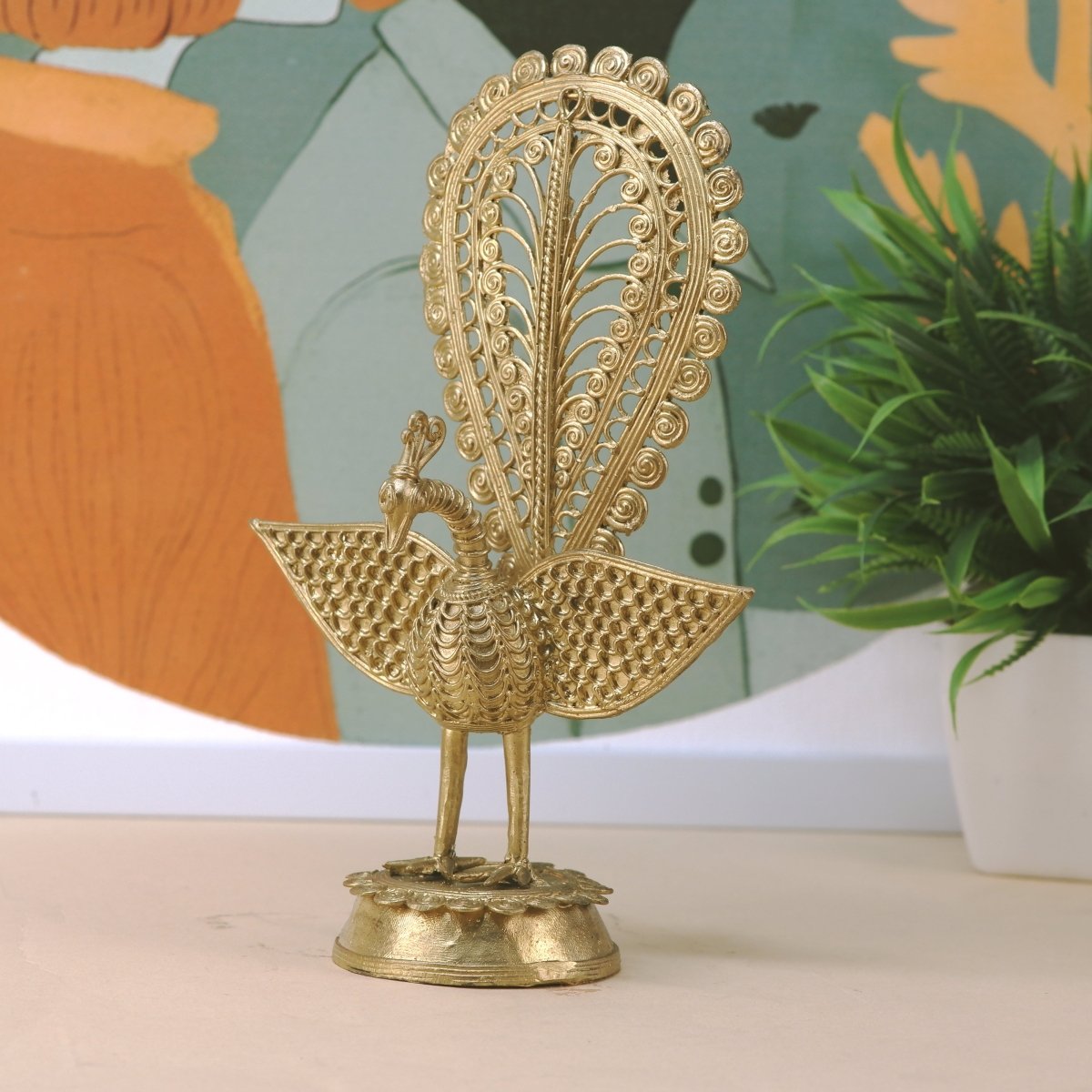 Dhokra Peacock: Artisan Brass Tabletop Elegance