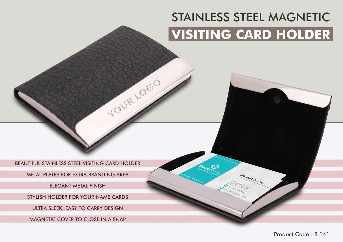 Stainless Steel Magnetic Visiting Card holder- Black