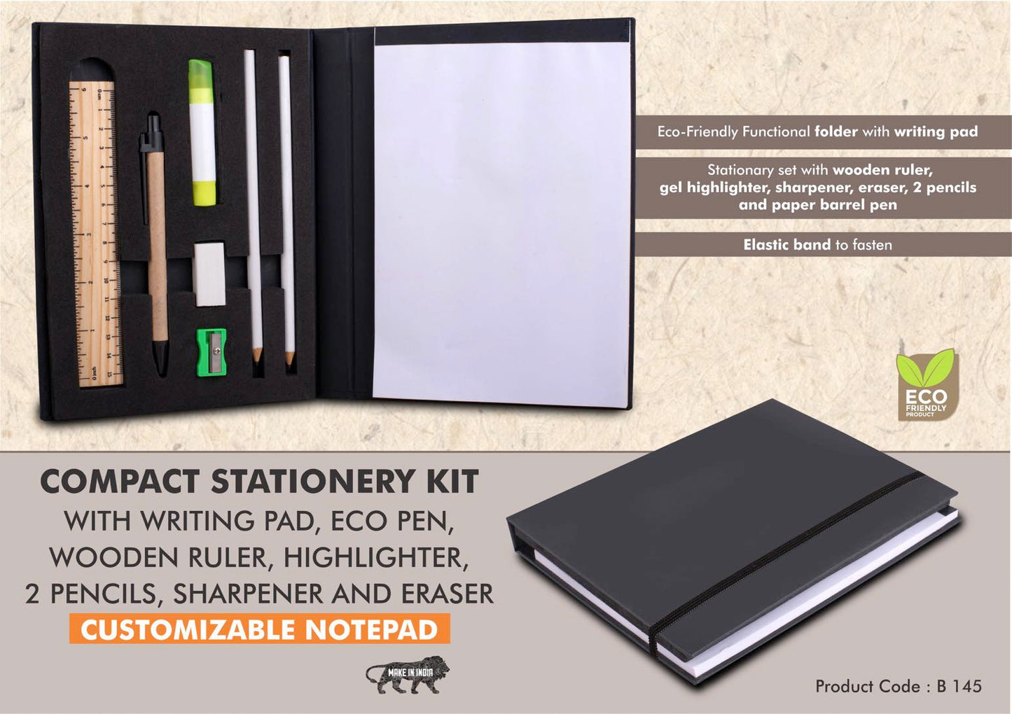 Compact Stationery kit, Writing pad, Pen, Wooden Ruler, Highlighter, 2 Pencils, Sharpener and Eraser