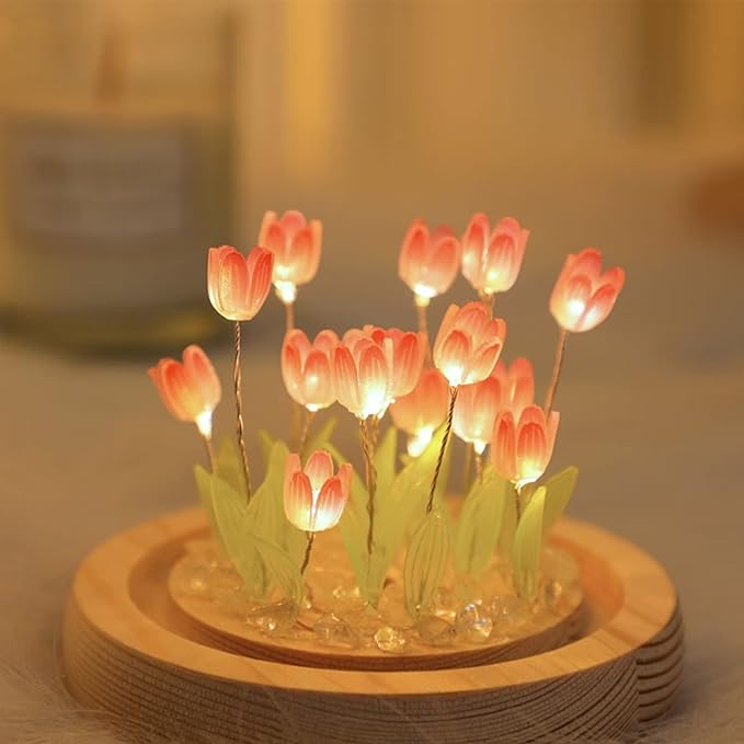 Tulip Night Light Cute Flower Bedroom Sleeping Lamp LED Light in Glass Dome