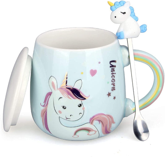 Unicorn Rainbow handle Mug with lid & Unicorn Spoon Coffee Tea Mug (Blue)