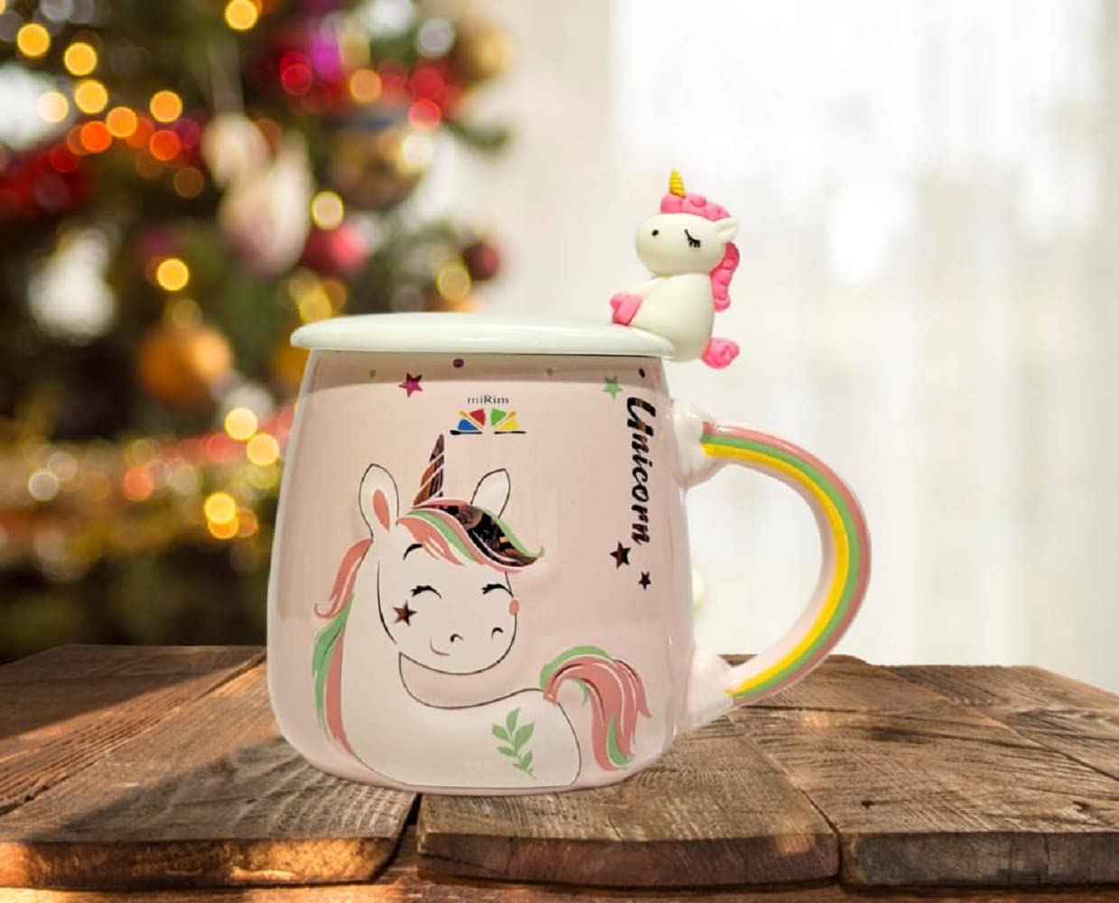 Unicorn Rainbow handle Mug with lid & Unicorn Spoon Coffee Tea Mug (Pink)