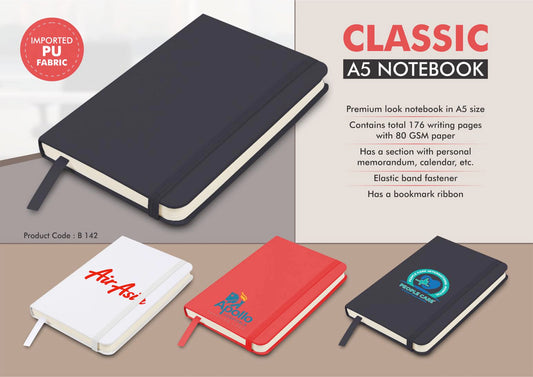 Classic A5 notebook | Hard bound cover | Pages with memorandum, month planner & bookmark ribbon