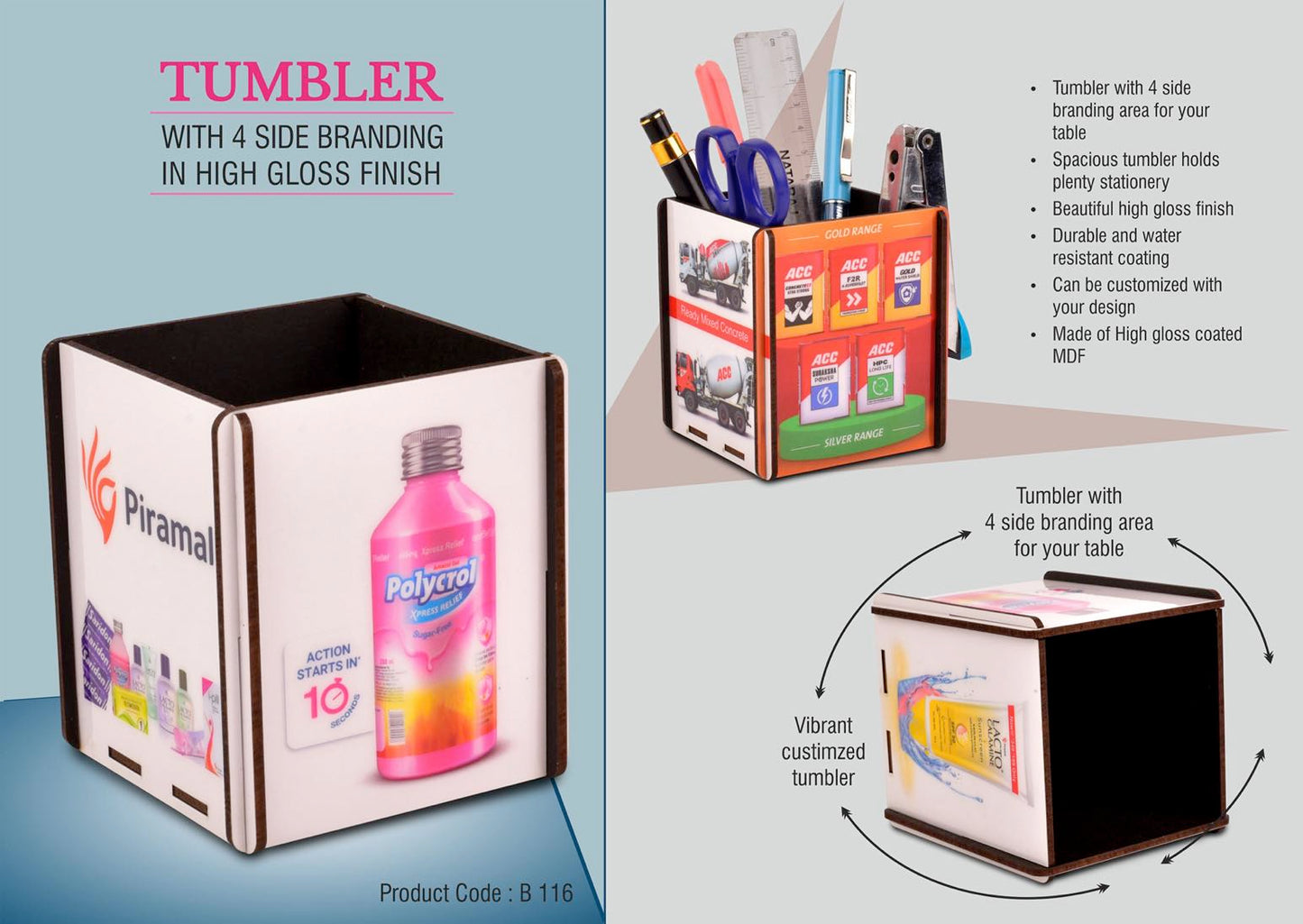 Tumbler with 4 side branding in high gloss finish | MOQ 100 pcs