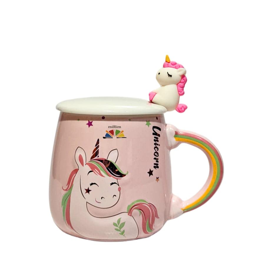 Unicorn Rainbow handle Mug with lid & Unicorn Spoon Coffee Tea Mug (Pink)