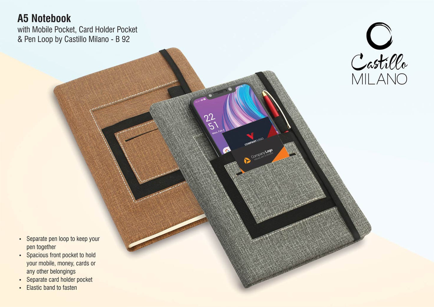 A5 notebook with mobile pocket, card holder pocket & pen loop by Castillo Milano