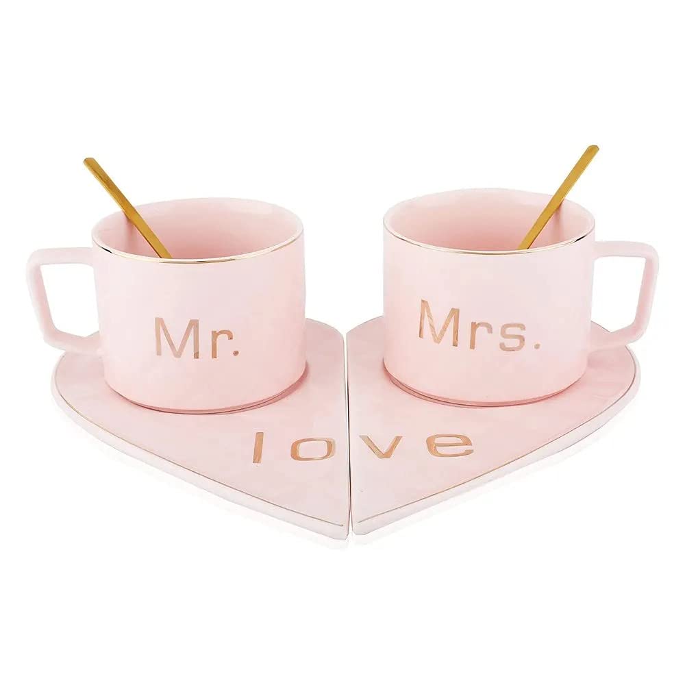 Mr and Mrs Ceramic Heart Shape Mugs with Saucer (Pink)