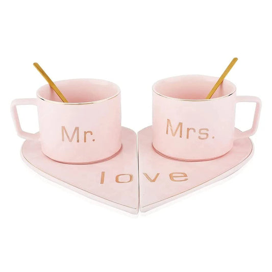 Mr and Mrs Ceramic Heart Shape Mugs with Saucer (Pink)