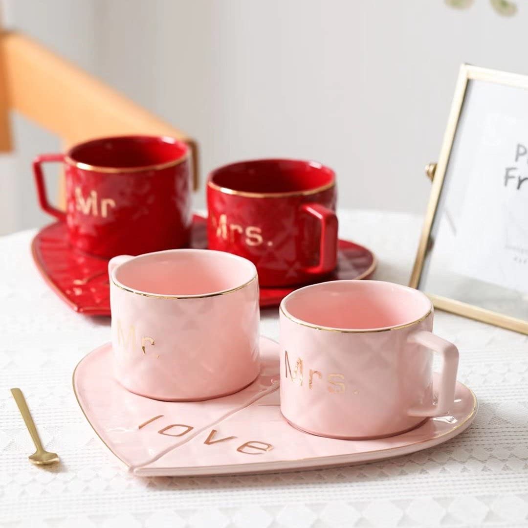 Mr and Mrs Ceramic Heart Shape Mugs with Saucer (Pink)