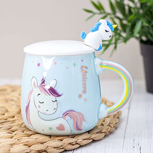 Unicorn Rainbow handle Mug with lid & Unicorn Spoon Coffee Tea Mug (Blue)