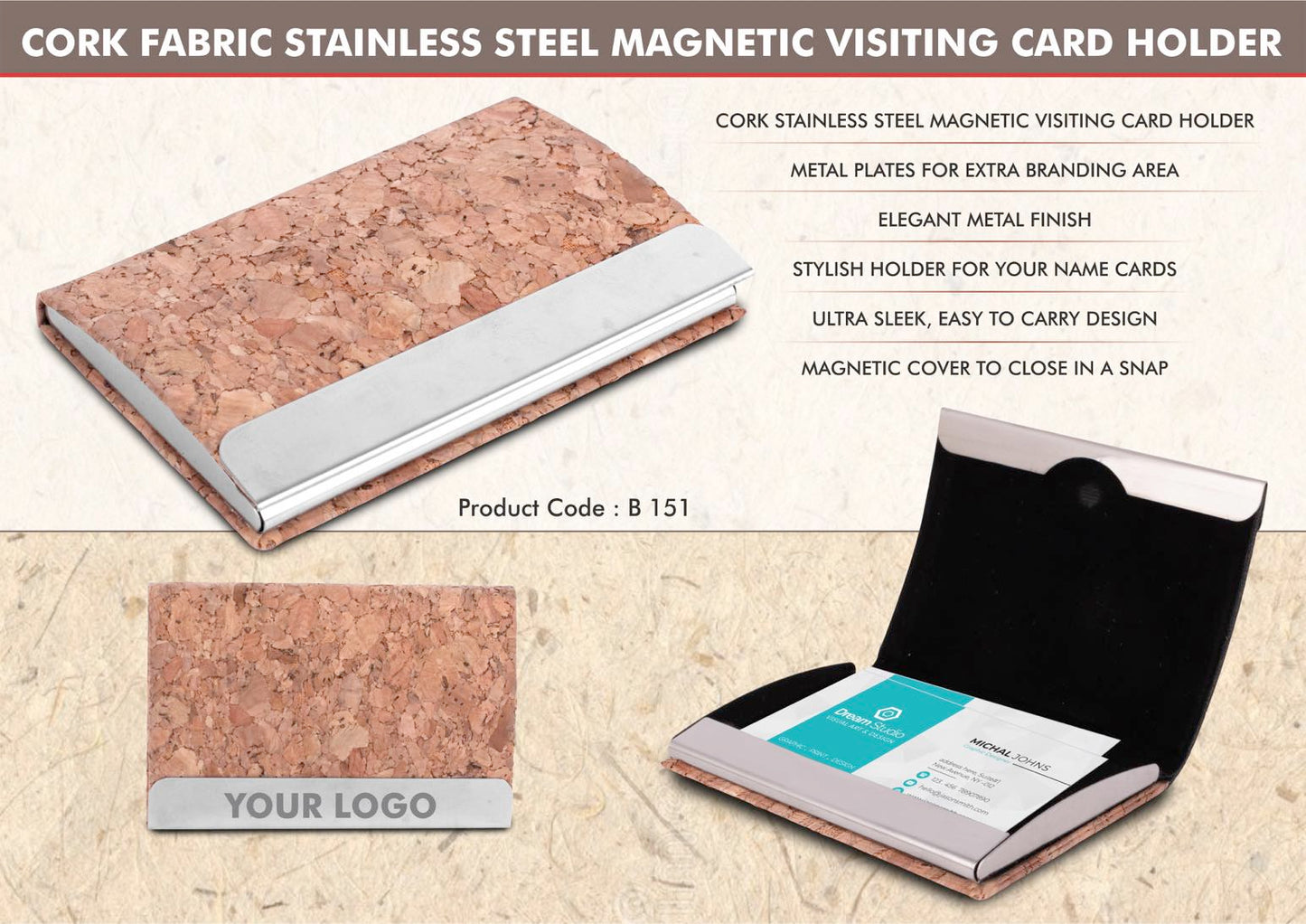 Stainless Steel Magnetic Visiting Card holder in Cork Material