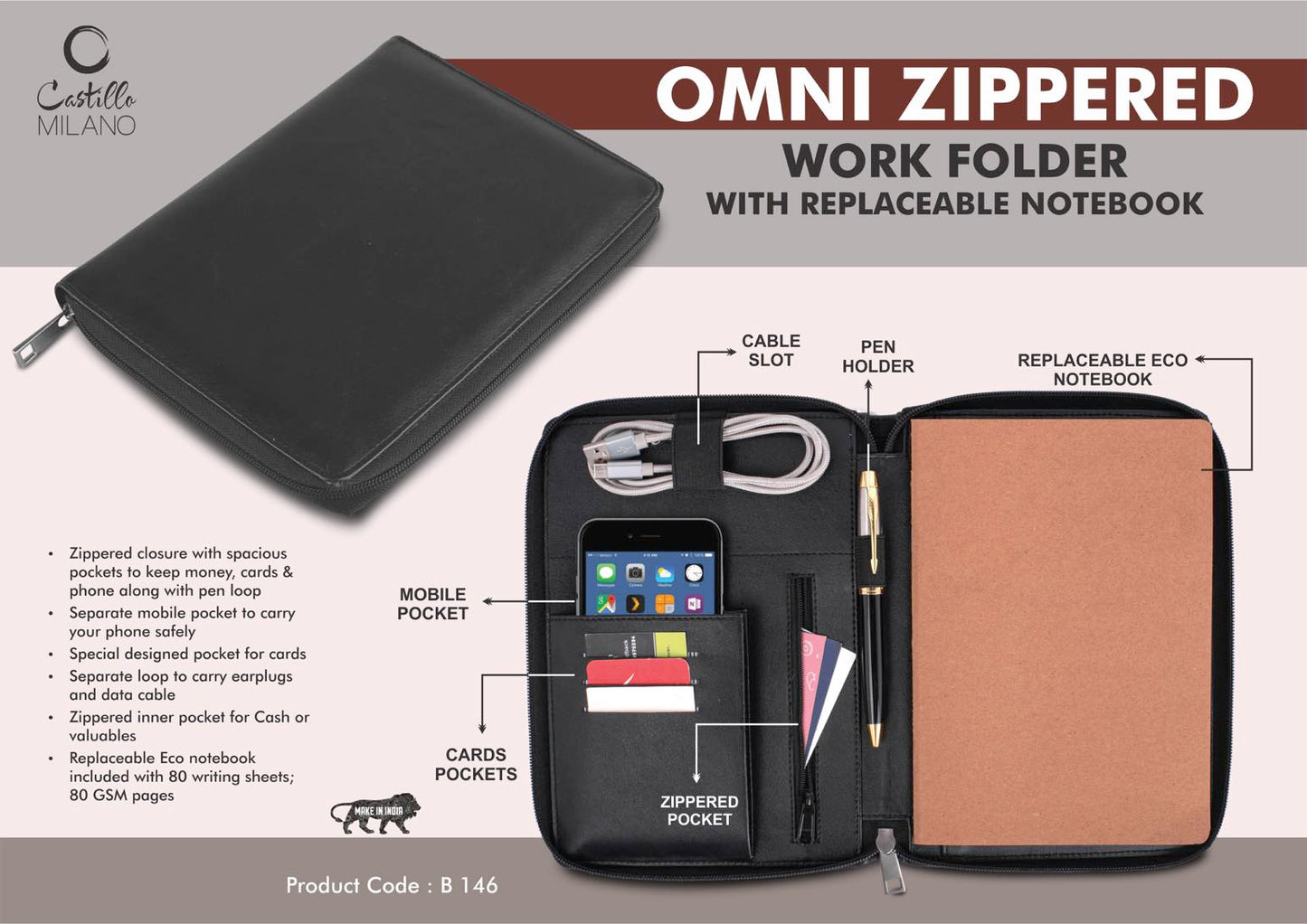 Omni Zippered Work folder with Notebook | Pockets for cards, phone, pen, cables, etc