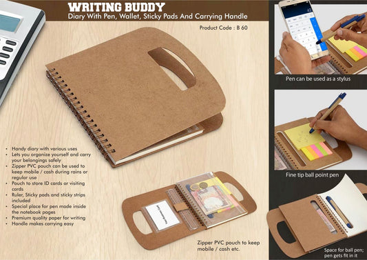 Writing buddy: Diary with pen, wallet, sticky pads and carrying handle (60 sheets)