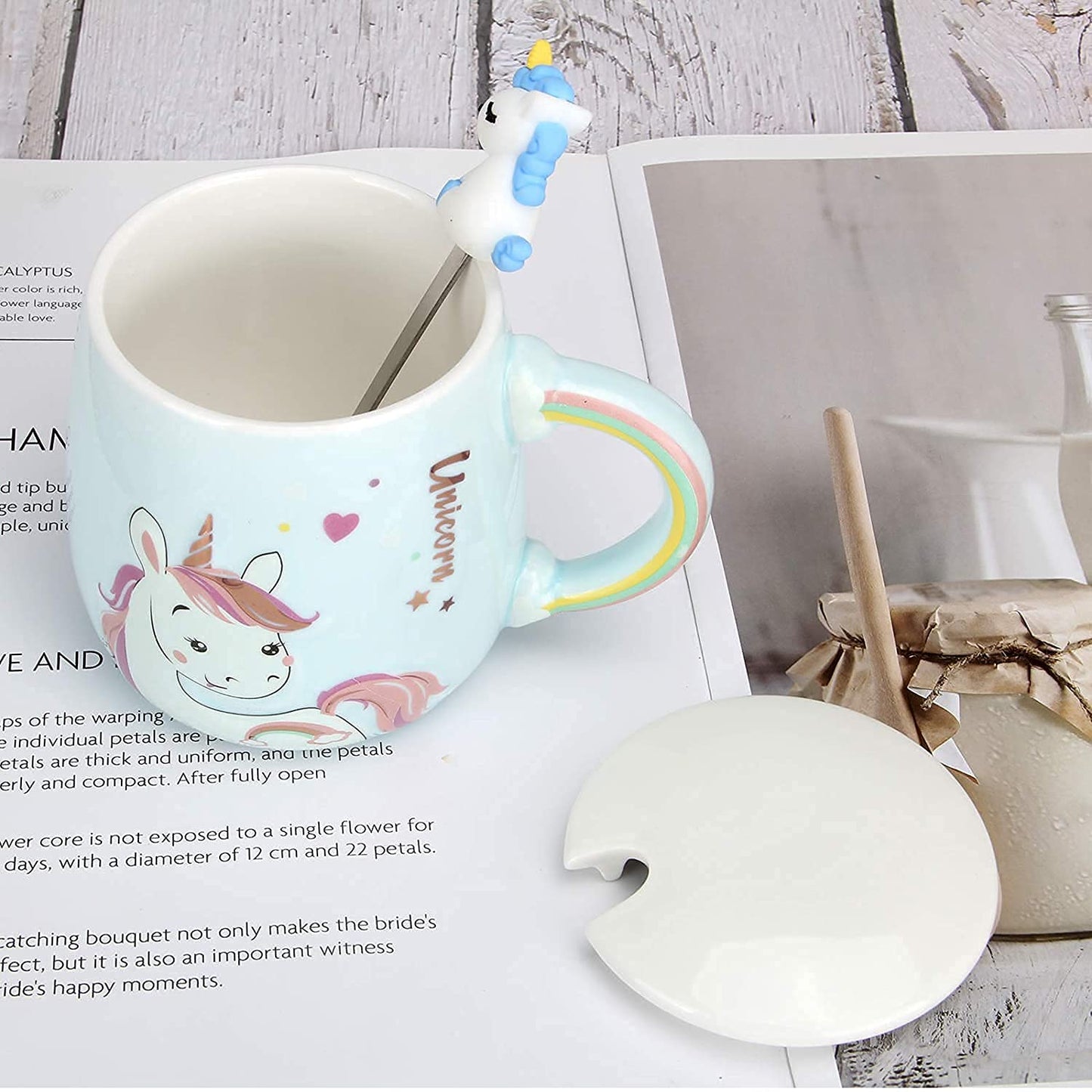 Unicorn Rainbow handle Mug with lid & Unicorn Spoon Coffee Tea Mug (Blue)