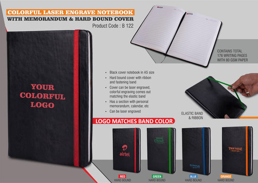 Colorful Laser engrave notebook with Memorandum & Hard bound cover | Elastic band and ribbon