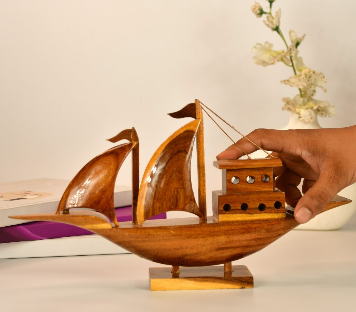 Wooden House Boat: Artisan-Crafted Tabletop Elegance