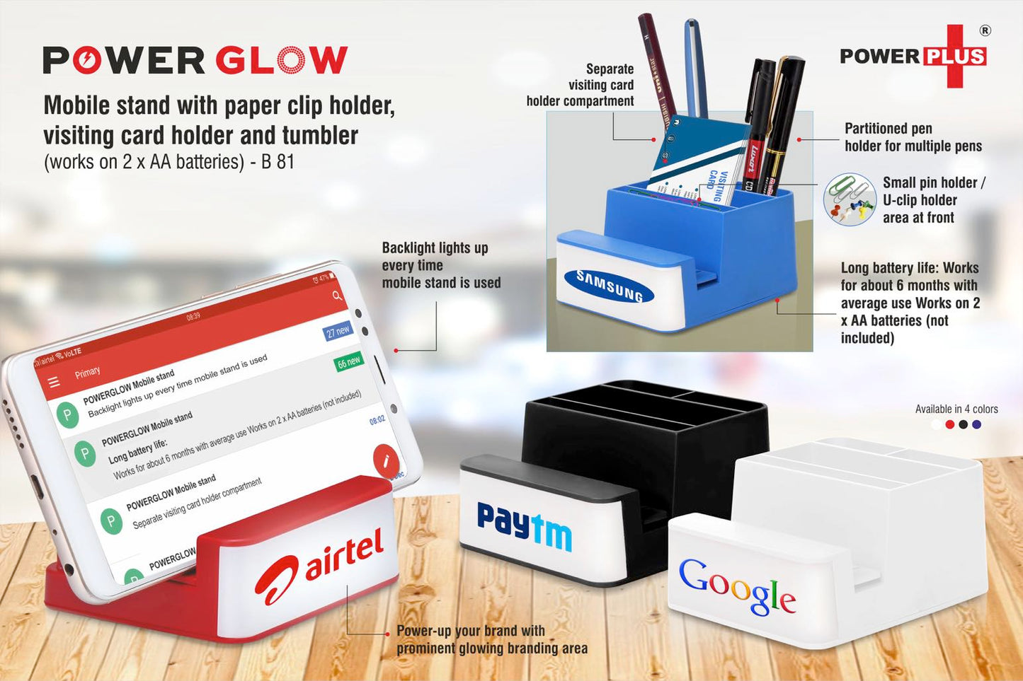 PowerGlow Mobile stand | With paper clip holder, visiting card holder and tumbler