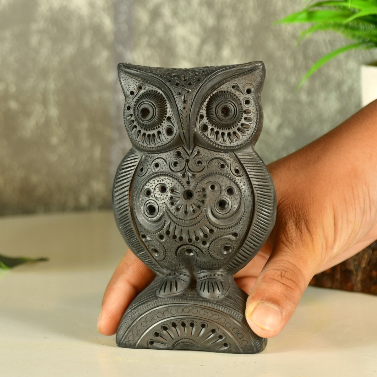 Sowpeace Black Terracotta Artisanal Owl: Tabletop Decor
