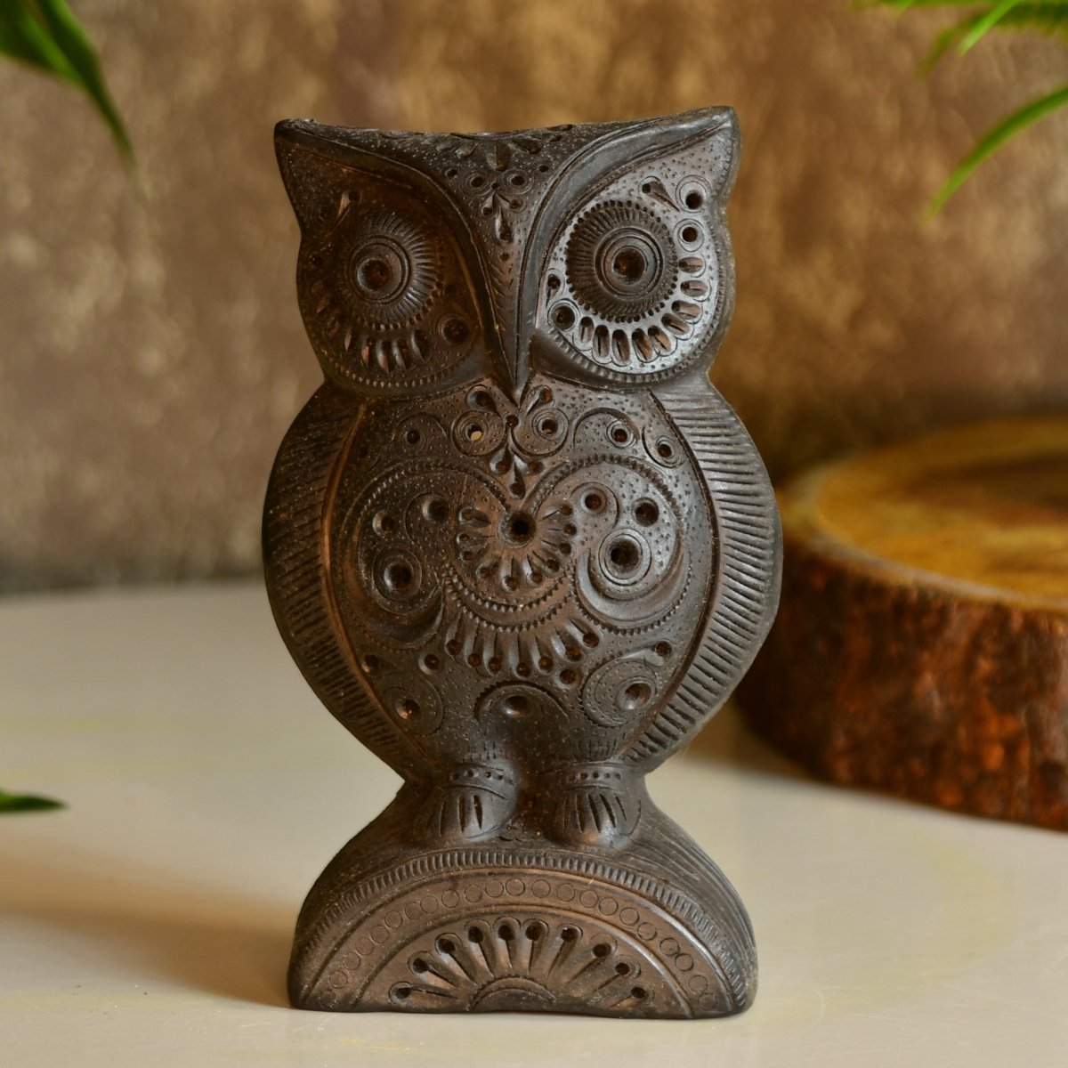 Sowpeace Black Terracotta Artisanal Owl: Tabletop Decor