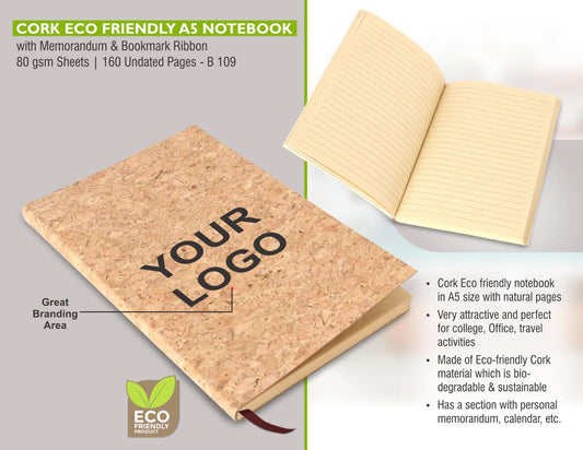 Cork Eco friendly A5 notebook with memorandum & Bookmark ribbon| 80 gsm sheets | 160 undated pages