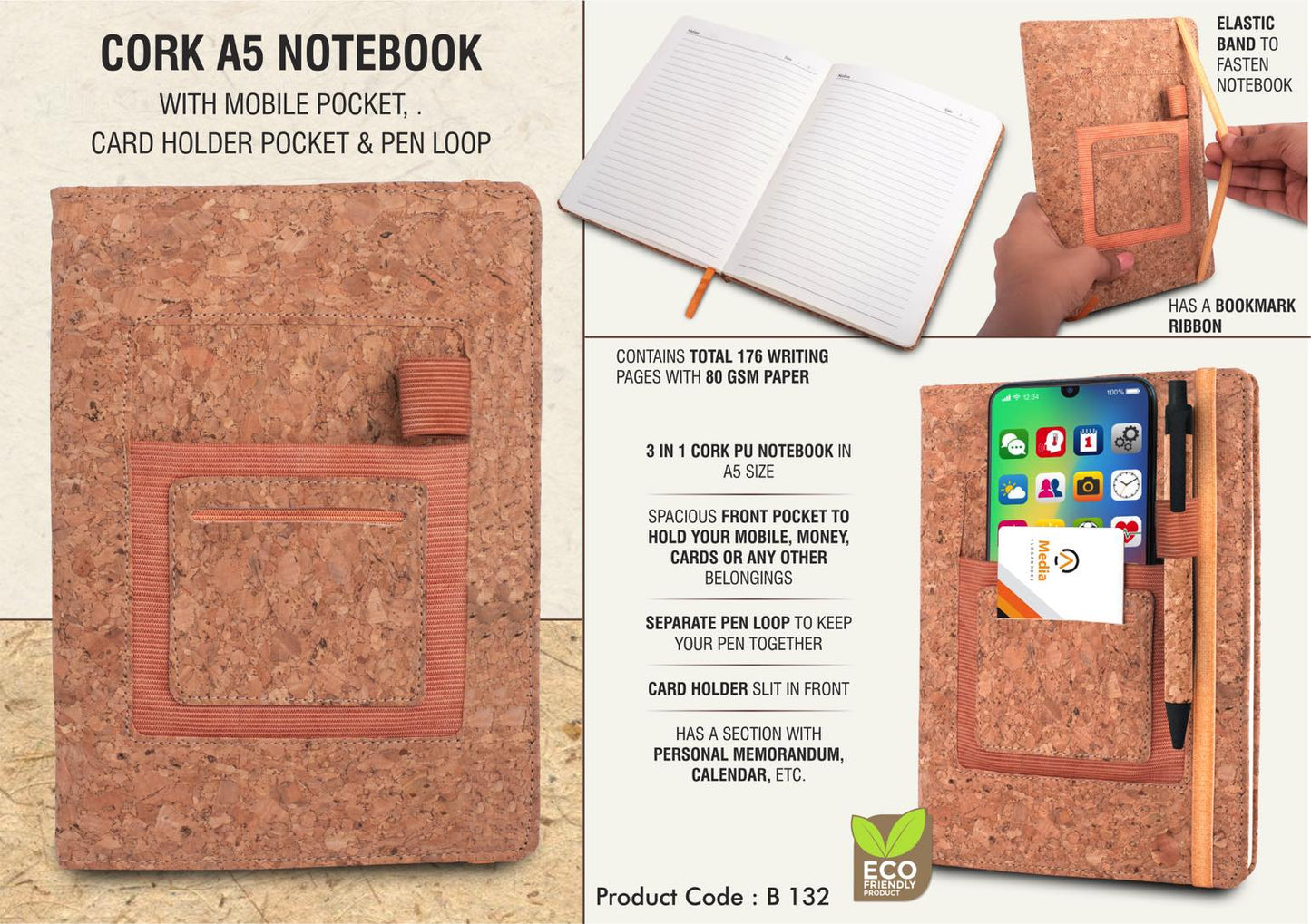 Cork A5 notebook with mobile pocket, card holder pocket & pen loop