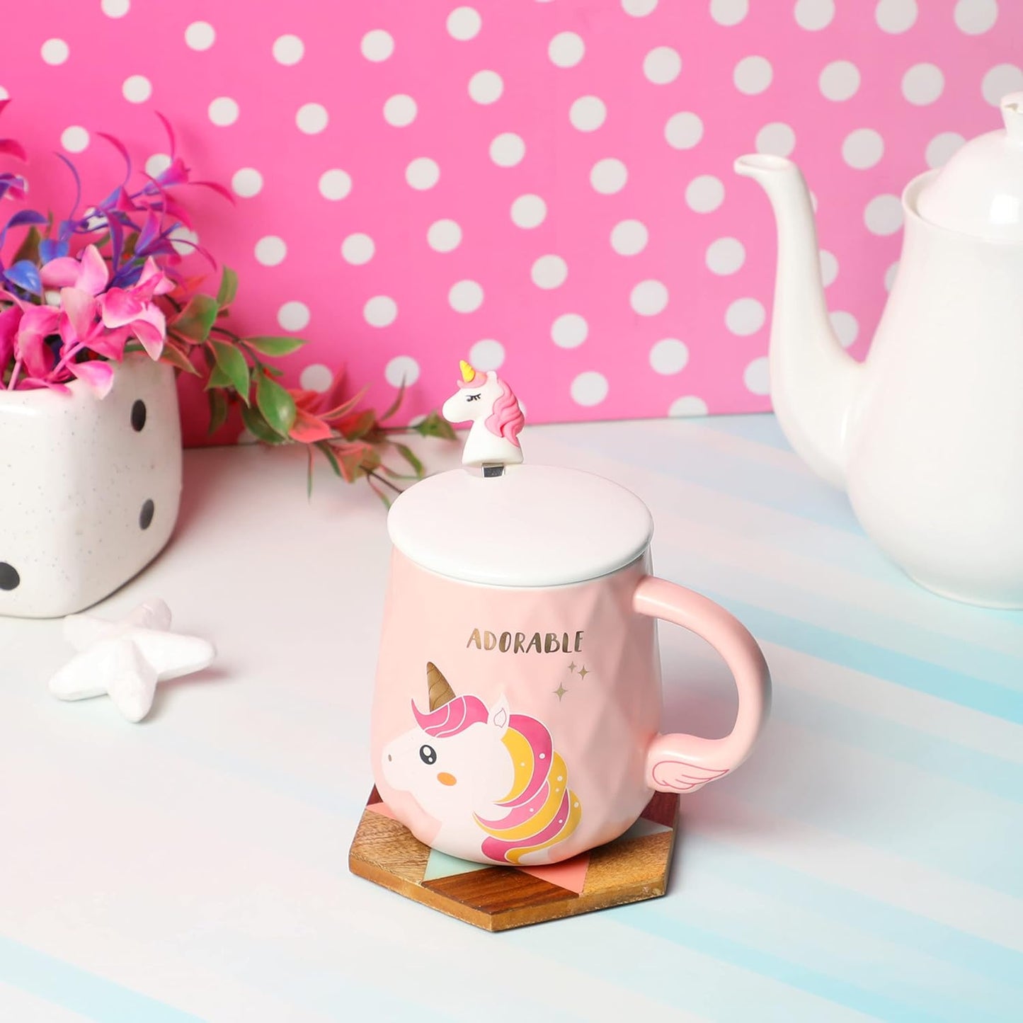 Lovely Unicorn Coffee Mug with lid & Spoon (Pink)